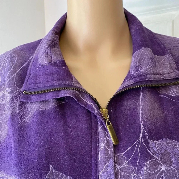 VTG CA Sport 100% Silk Full Zip Jacket Womens M Leaf Floral Pocket Purple - Picture 8 of 9
